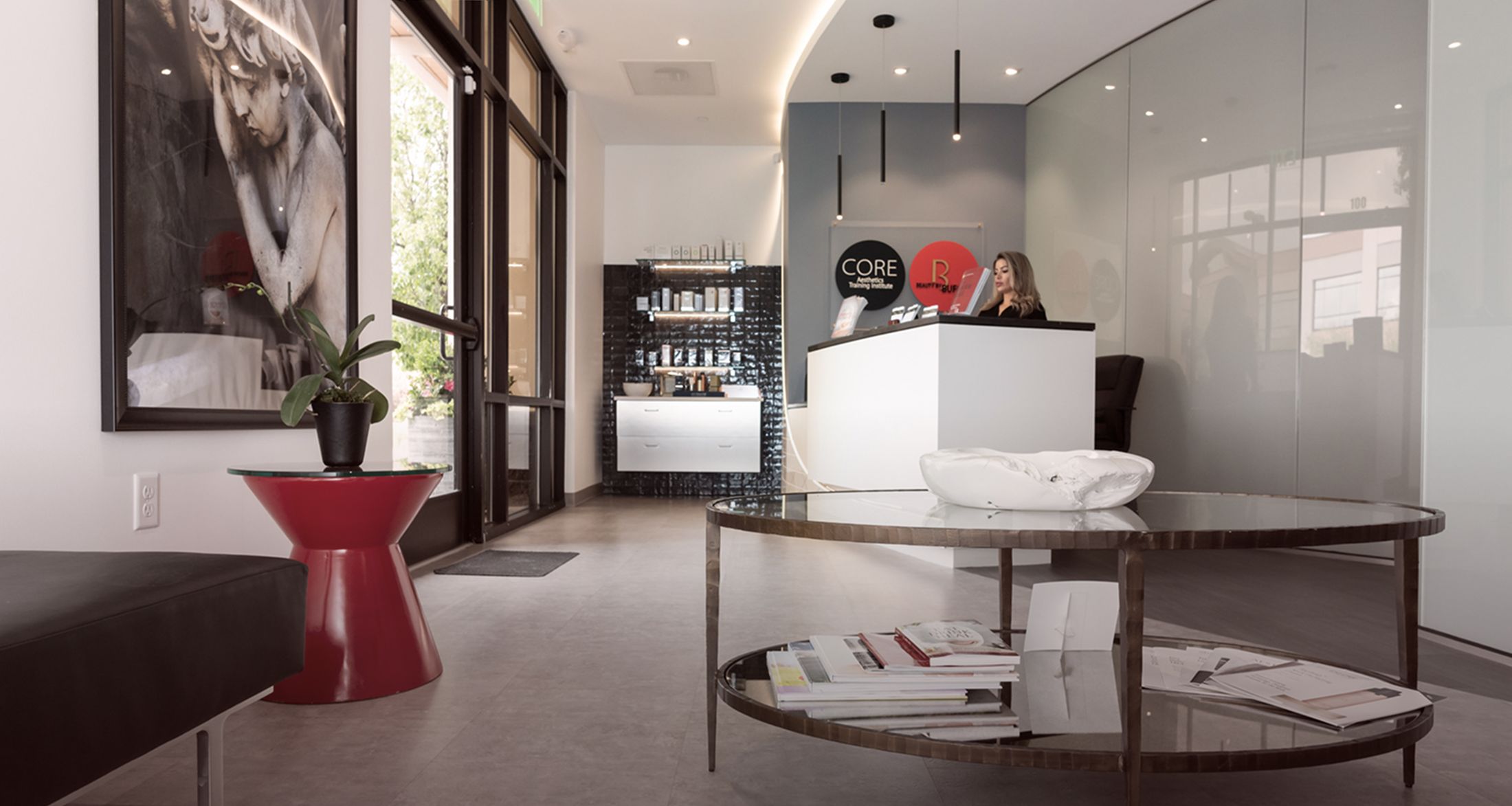 Denver plastic surgery reception area with elegant decor and furnishings.