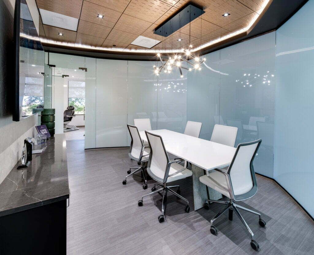 Modern conference room with sleek design elements.