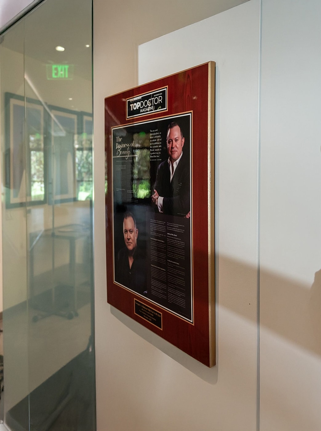 Award plaque displayed in a modern office.